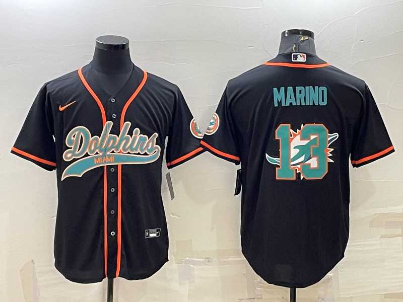 Mens Miami Dolphins #13 Dan Marino Black Team Big Logo With Patch Cool Base Stitched Baseball Jersey